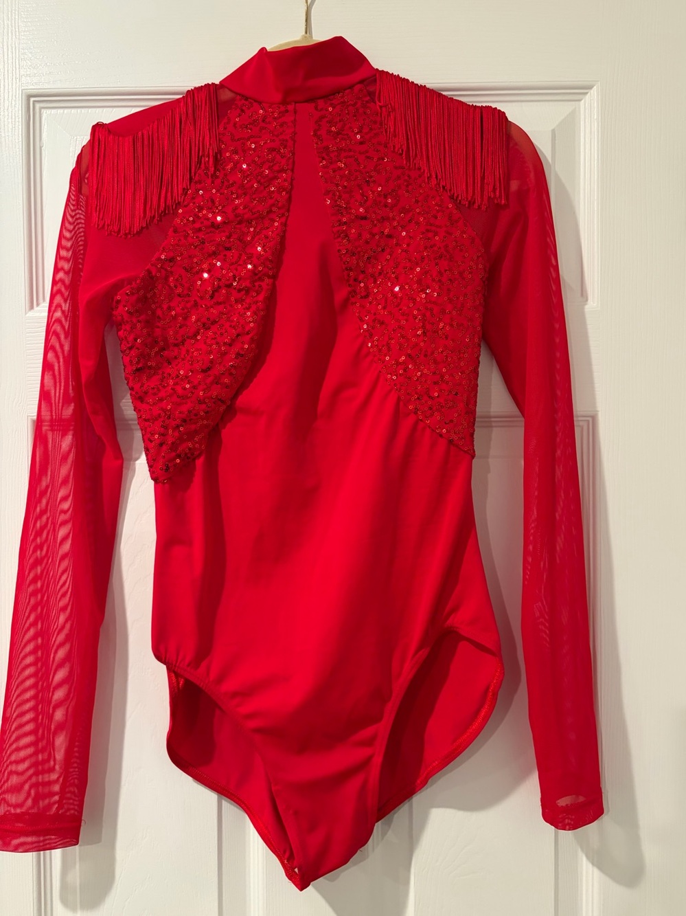 Balera Red Sequin Fringe Shoulder Long-Sleeve Leotard